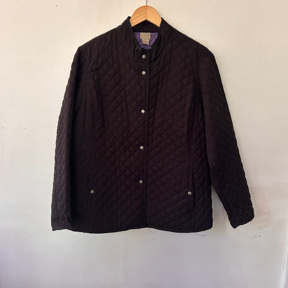 Sigrid Olsen Sport Quilted Vest Womens 1X Black Snap Front Mock Neck Preppy